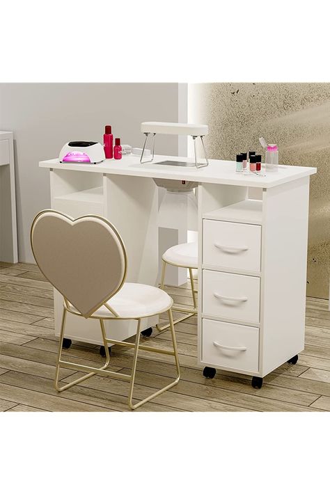 Paddie Manicure Table Nail Desk for Technician, Acetone Resistant Nail Tech Table Nail Table Station w/Dust Collector, Wrist Cushion, Non-Woven Drawers, Lockable Wheels &amp; Cabinet (White) Nail Desk Ideas, Nail Table Ideas, Nail Tech Table, Manicure Table Nail Station, Nail Desk, Fancy Nail Art, Nail Table, Nail Station, Nail Room