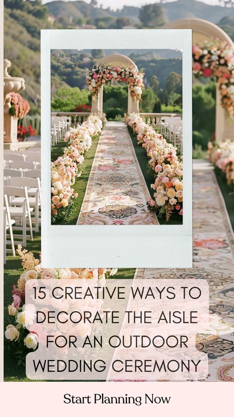 Stunning outdoor wedding ceremony aisle decorated with beautiful floral arrangements and unique aisle runners. Walkway Wedding Decor Pathways, Wedding Runners Aisle, Wedding Isles Decoration Outdoors, Wedding Aisle Flowers On Ground Diy, Rug Runner Wedding Aisle, Wedding Walkway Ideas Outdoors, Summer Wedding Aisle Decor, Tulle Aisle Decorations, Aisle Runner Wedding Outdoor