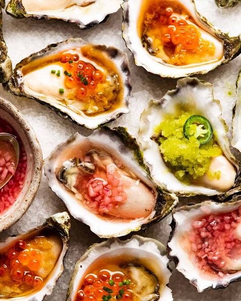 Fresh Oyster Sauce Recipes, Oysters On The Half Shell Sauces, Acme Oyster House Chargrilled Oysters, Raw Oysters Toppings, Oyster Recipes Raw, Oyster Condiments, Miso Oysters, Oyster Minionette Sauce Recipes, Summer Christmas Food