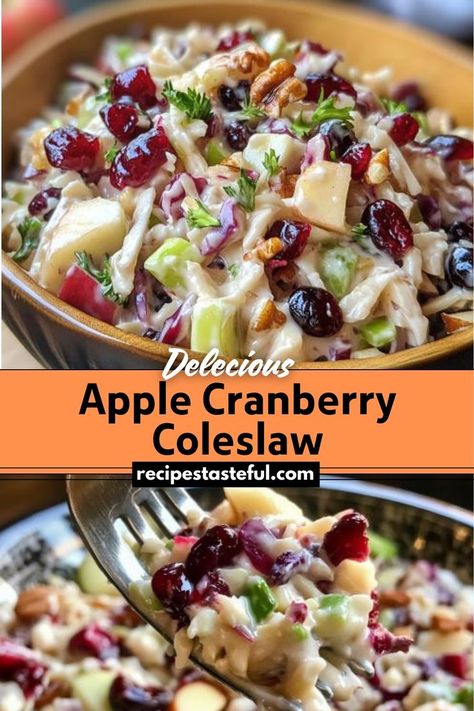 A refreshing and crunchy coleslaw featuring crisp apples, tangy cranberries, and a creamy dressing. Perfect for picnics, barbecues, and holiday gatherings. Cranberry Recipes Healthy, Apple Cranberry Coleslaw, Apples And Cabbage Recipe, Cranberry Coleslaw, Apple Coleslaw Recipe, Crunchy Coleslaw, Cranberry Salad Recipes, Apple Coleslaw, Thanksgiving Salad Recipes