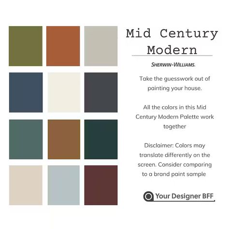 Vintage Contemporary Color Palette, Grey Complimentary Colors, Bedroom Airy, Mid Century Modern Color Scheme, Tuscan Color Palette, Sherwin Williams Paint, Mid Century Modern Interior Design, Modern Palette, Mid Century Colors