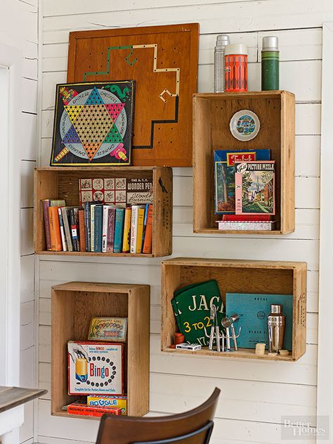 A stash of old wooden crates is a striking shelving option when looking to amp up wall storage in your home. Purchase the crates at local thrift stores or look online to purchase new versions. Mount into the studs for secure storage. Old Wooden Crates, Old Crates, Rustic Nightstand, Vintage Dishware, Flea Market Finds, Vintage Storage, Wood Crates, Upcycled Crafts, Wooden Crates