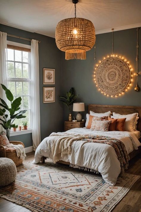 Sophisticated Boho Bedroom, Eclectic Bedroom Aesthetic, Bedroom With Dark Wood Furniture, Boho Glam Bedroom, Dark Wood Bedroom Furniture, Eclectic Elegance, Bohemian Bedrooms, Bohemian Bedroom Inspiration, Dark Wood Bedroom