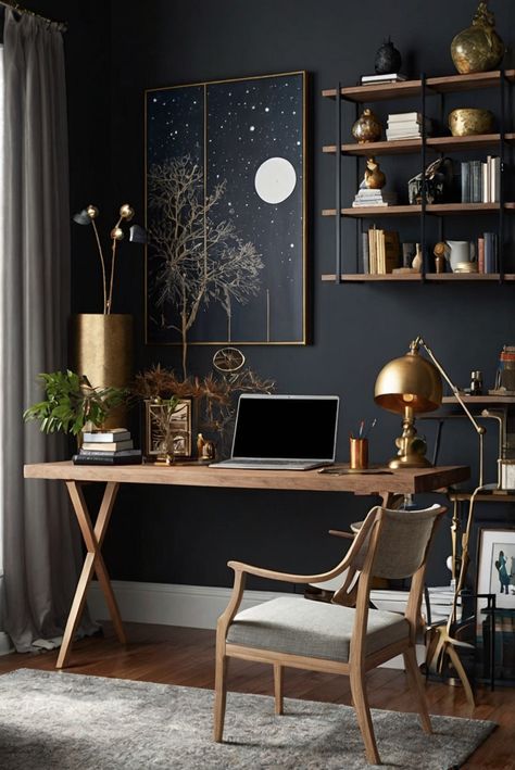 Dive into the cosmic allure of Sherwin-Williams' top paint for 2024, "Outerspace (SW 6251)". Explore celestial noir tones in this daily interior designer routine for cosmic inspiration. #Ad #homedecor #homedesign #wallpaints2024 #Painthome #interiorarchitecture Wall Colors Green Living Room Colors Bright Living Room Colors Apartment Renovation Living room Remodeling Modern Paint Colors 2024 Celestial Office Aesthetic, Sw Outer Space, Mens Office Paint Colors, Outerspace Sherwin Williams, Celestial Interior Design, Celestial Office, Colorful Living Room Bright, Renovation Living Room, Paint Colors 2024