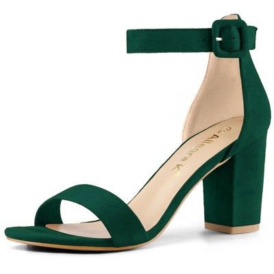 This pair of go-anywhere sandals has a chunky high heel for a comfortable fit. A wrap-around strap at the ankle ensures your heels stay firm in place if you feel like kicking them up. Perfect match with your favorite dresses for a charming look. Suitable for office, interview, parties, casual, Christmas day, datings, and evenings. Emerald Green Heels Prom, Quinceañera Heels, Green Sandals Heels, Dark Green Heels, Green Block Heels, Green Bridal Shoes, Hoco Heels, Emerald Green Heels, Church Shoes