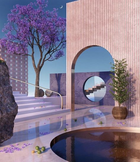 Dreamscape Architecture, Pink Lifestyle, Aesthetic Space, Fantasy Places, Aesthetic Rooms, Retro Futurism, Pretty Places, Fantasy Landscape, Interior Architecture Design