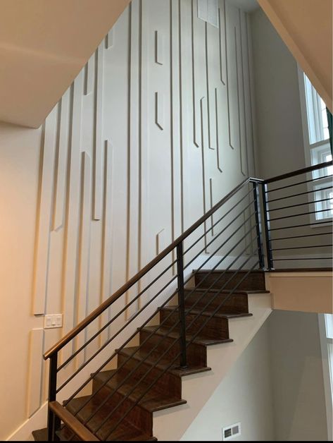 Panels On Stair Wall, Step Wall Design, 2 Story Focal Wall Stairs, Tall Wall Above Stairs Decor, Stair Wall Ideas Modern, Wall Paneling Ideas Stairs, Stair Well Accent Wall, 2 Story Entry Way Wall Ideas, Panelled Staircase Wall