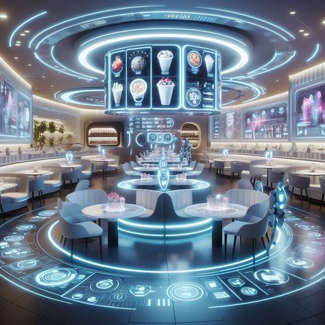 Retro Futuristic Restaurant, Sci Fi Restaurant, Futuristic Kitchen Concept Art, Futuristic Cafeteria, Futuristic Food Ideas, Futuristic Cafe, Futuristic Restaurant, Futuristic Houses, Space Restaurant