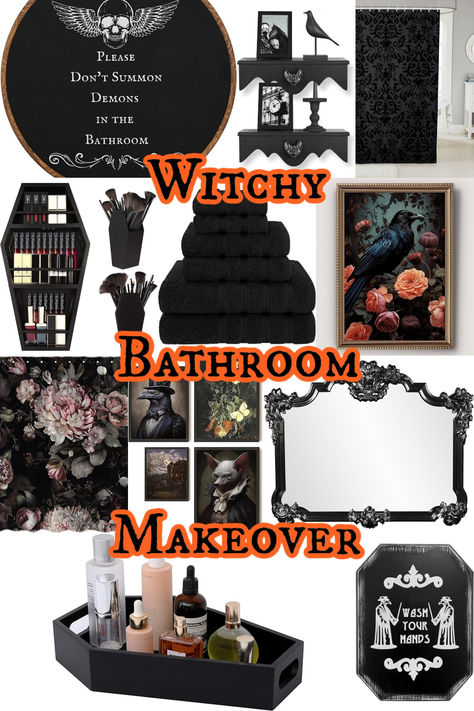 Create a beautifully spooky bathroom with these items. Featuring plague doctor signs, ornate mirrors, and coffin-shaped shelves, these decor pieces will help create the witchiest powder room. Witchy Bathroom Ideas, Witchy Bathroom Decor, Gothic Bathroom Ideas, Witchy Bathroom, Spooky Bathroom, Shaped Shelves, Witchy Style, Ornate Mirror, Witchy Fashion