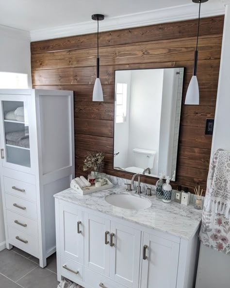 Wood Shiplap Wall Bathroom, Bathroom Wood Plank Walls, Stained Shiplap Wall Bathroom, Wood Accent Wall In Bathroom, Wood Wall In Bathroom, Wood Accent Wall Bathroom, Shiplap Bathroom Accent Wall, Wood Paneling Remodel, Bathroom Shiplap Wall