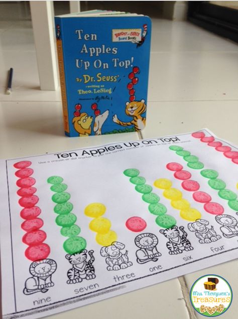 Ten Apples Up On Top - Number Words Free Activity  We love Ten Apples Up On Top as a way to practice reading number words! I created this fun little activity that can also be an assessment to see how well your students know their number words!    My kids love doing any activity that involves dot markers but this page can also be done with crayons regular markers or even manipulatives like bingo chips!    Visit my blog HERE to get this free activity!      apples counting 1 to 10 dot markers Laure Dr Suess 10 Apples Up On Top Activities, 10 Apples On Top Preschool, Ten Apples Up On Top Printable, Apples Up On Top, Kindergarten Johnny Appleseed Activities, Counting To 10 Activities Kindergarten, 10 Apples On Top Activities, 10 Apples Up On Top Activities, Dr Seuss Math Activities Preschool