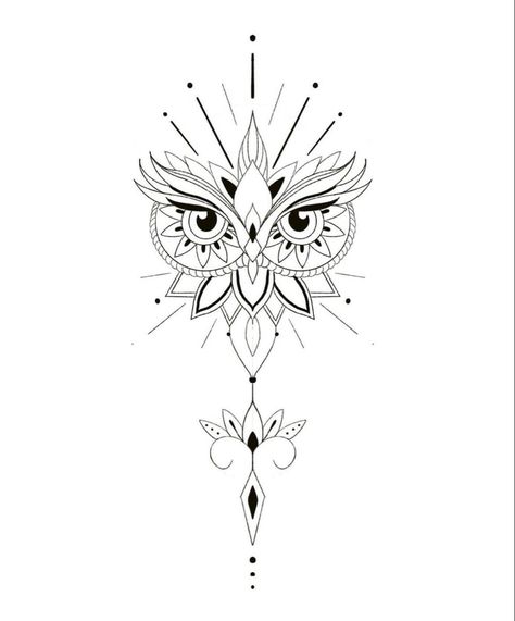 Owl Neck Tattoo, Simple Owl Tattoo, Tattoos Sketches, Geometric Owl Tattoo, Pattern Tattoos, Owl Tattoo Drawings, Cute Owl Tattoo, Black Line Tattoo, Sunflower Tattoo Sleeve