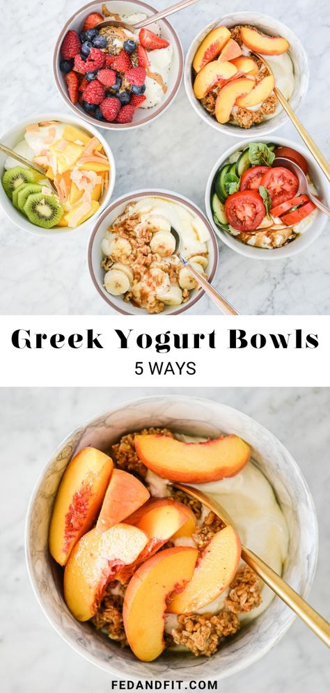 These Greek yogurt bowls are the perfect way to jazz up your mornings + keep you energized, full, and productive for the long haul! Greek Yogurt Recipes Healthy, Greek Yogurt Breakfast Bowl, Yogurt Bowl Recipe, Yogurt Recipes Healthy, Yogurt Breakfast Bowl, Greek Yogurt Breakfast, Healthy Breakfast Choices, Yogurt Bowls, Packed Breakfast