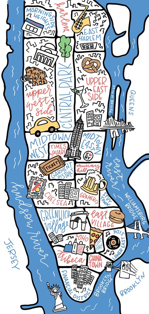 Custom illustrated map of New York City featuring Manhattan neighborhoods from the East Village to the Upper West Side. Nyc Burroughs Map, Manhattan Map Illustration, Map Of Manhattan New York, Nyc Drawing, Travel Table, Whimsical Map, Map Of New York City, Manhattan Neighborhoods, East Village Nyc