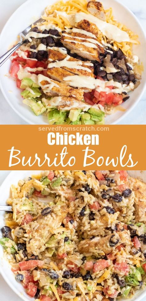 a pic of a burrito bowl with chicken and sauce over Pinterest pin text and then a pic of the bowl all mixed together. Chicken Rice Bowls Mexican Healthy, Gluten Free Chicken Burrito Bowl, Baja Bowl With Chicken, Macro Rice Bowl, Fajita Chicken Burrito Bowl, Southwest Burrito Bowl, Protein Power Bowls Healthy, Protein Meal Ideas Healthy, Copycat Moes Burrito Bowl