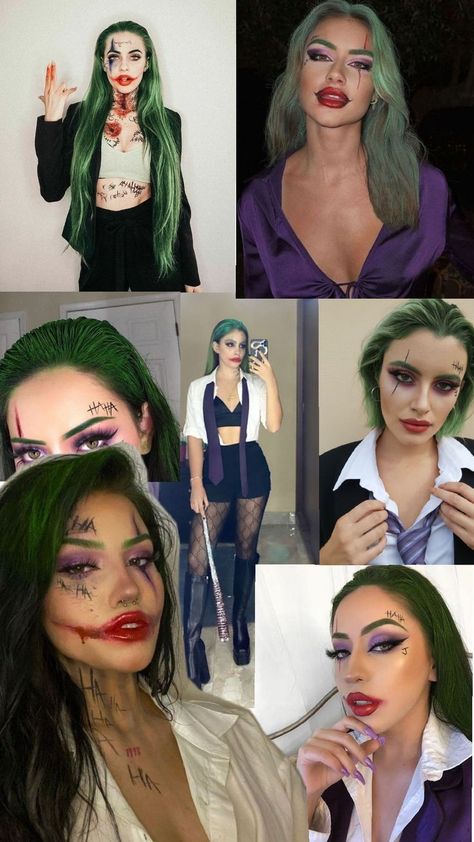 Halloween Costume Ideas For Women 2024, Last Minute Joker Costume Women, Joker Female Costume Make Up, Superhero Or Villain Costumes, Joker Costume Inspiration, Halloween Female Makeup, Joker And Harley Quinn Pumpkin Painting, Joker Baddie Costume, Hot Joker Halloween Costume