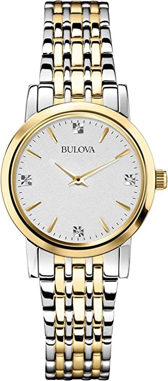 Imported From the Bulova Ladies' Classic Collection, inspired by vintage design, our classic watches achieve a tailored, understated look that's always in style. 2 Hand, Slim Movement Two-Tone Stainless Steel Mineral Crystal 30M Water Resistant and 3 Year Limited Warranty Classic Watch Women, Bulova Watches, Womens Watches Luxury, Classic Watches, Women Diamond, Two Tone Watch, Royal Oak, Beautiful Watches, Diamond Watch