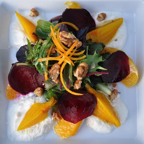 Roasted beet salad Roasted Yellow Beets, Beet Goat Cheese Salad, Citrus Salad Recipes, Salad Presentation, Beet And Goat Cheese, Beet Salad Recipes, Whipped Goat Cheese, Roasted Beet Salad, Citrus Salad