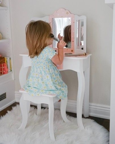 Toddler Makeup Vanity, Toddler Vanity Ideas, Aurora Bedroom, Toddler Bedroom Makeover, Kids Makeup Vanity, Toddler Vanity, Toddler Makeup, Purple Girls Room, Girls Dressing Table