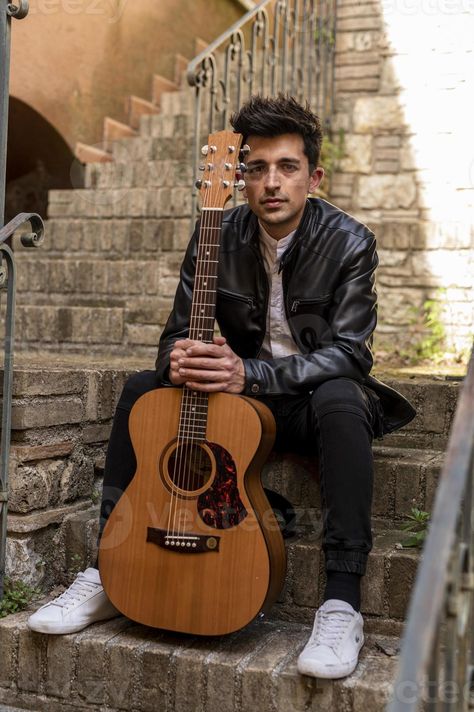 Musician Portraits Outdoor, Holding Guitar, Guitar Boy Aesthetic, Guitar Players Photography, Music Photoshoot, Acoustic Guitar Photography, Guitar Boy, Musician Portraits, Musician Photography