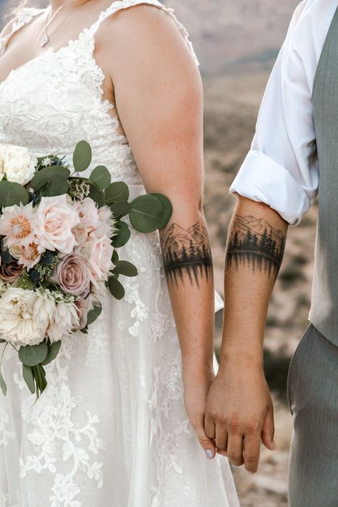 Rustic Couple Tattoo, Tattoos Mountains, Married Couple Tattoos, Scenery Tattoo, Mountain Tattoos, Anniversary Tattoo, Couple Tattoos Unique Meaningful, Canyon Wedding, Couple Matching Tattoo