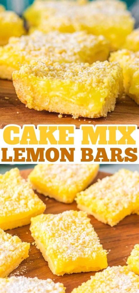 Cake Mix Lemon Bars are a sweet and tangy three ingredient dessert recipe made with boxed lemon cake mix, butter and lemon pie filling. Lemon Bars 2 Ingredients, Easy Lemon Bar Recipe, Lemon Bar Cake Recipe, Lemon Bars Using Lemon Pie Filling, Lemon Bars Made With Lemon Pie Filling, Three Ingredient Lemon Cake, Lemon Cake Mix And Lemon Pudding, How To Make Lemon Bars, Lemon Cake Bars Recipe