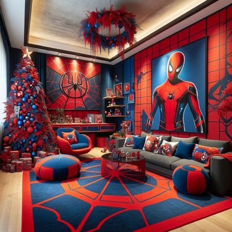 Spider Man Room Decor Aesthetic, Room Inspo Spiderman, Spiderman Room Aesthetic, Red Room Marvel Aesthetic, Spider-man Room, Marvel Wedding Theme, Spiderman Toddler Room Pottery Barn Kids, Spiderman Room Decor, Valentines Window Display