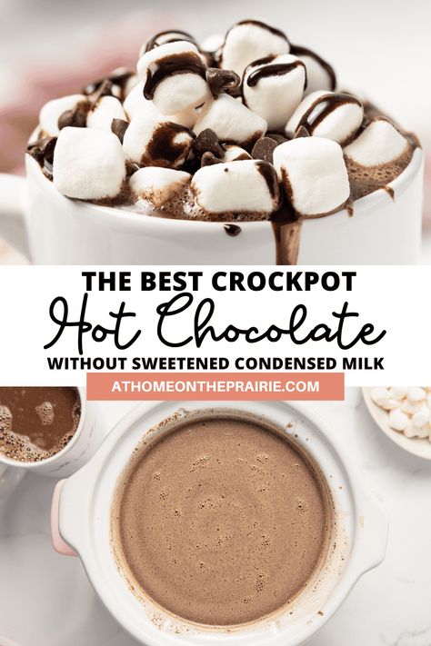 The best crockpot hot chocolate without sweetened condensed milk. This cocoa recipe is so easy to throw together and keep warm in the slow cooker for your next party or special occasion! Best Crockpot Hot Chocolate, Hot Cocoa Crockpot Recipe, Peppermint Marshmallows Recipe, Homemade Hot Chocolate Crockpot, Slow Cooker Hot Chocolate Recipe, Hot Chocolate With Cocoa Powder, Crock Pot Hot Chocolate Recipe, Best Hot Chocolate Recipes, Hot Chocolate Recipe Homemade