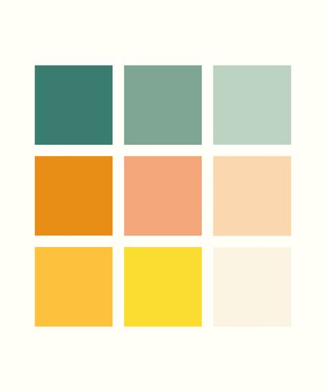 9 coloured squares in green, yellow and orange shades Yellow Orange Pallete Color, Yellow Mint Color Palette, Apricot Yellow Color Palette, Bright Green Color Scheme, Mint And Orange Color Palette, Refreshing Colour Palette, White Green Yellow Orange Color Palette, Orange And Yellow Decorations, Bright Green Color Palette Colour Schemes