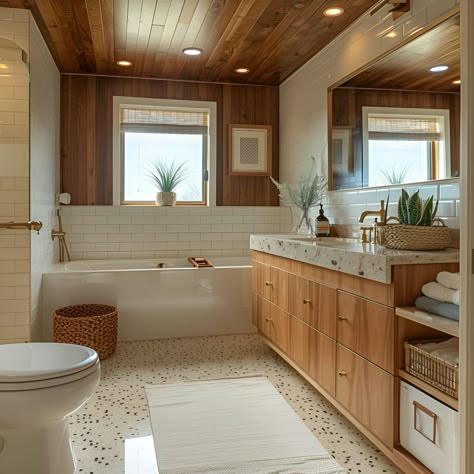 Explore this elegant master bathroom in a mid-century modern style featuring pristine white tiles and rich wood accents. The space includes a large bathtub under expansive windows, surrounded by light wooden cabinets and terrazzo flooring. Key elements like oversized mirrors, marble countertops, and soft lighting enhance the tranquility and sophistication of this eco-friendly design. Real Wood Bathroom Vanity, Cedar Wood Bathroom, Mid Century Bathtub, Mid Century Modern Tiny Bathroom, Mid Century Floor Tiles, Midcentury Modern Bathroom Design, Mid Century Bathroom Floor Tile, Colorful Mid Century Modern Bathroom, Dark Wood Floor Bathroom Ideas