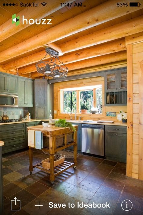 Grey with knotty pine Cabin Kitchen Cabinets, Modern Cabin Kitchen, Knotty Pine Kitchen, Log Cabin Kitchens, Log Home Kitchen, Log Cabin Kitchen, Log Home Kitchens, Slate Tiles, Cabin Remodel