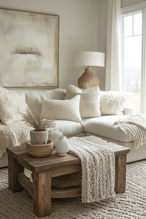 Create a calming and serene living room with neutral tones like beige, soft grays, and whites. Incorporate natural textures like linen, wool, and wood to add warmth and depth to the space. Keep the decor minimal yet cozy for a perfectly balanced, modern look. 🛋️🌿 #NeutralDecor #CalmingSpace #ModernLivingRoom Beige Gray And White Living Room, Light Cream Couch Living Room, Tan And White Living Room Decor, Furniture Close Up, Cream Cozy Living Room, Brown And Neutral Living Room, Sand Couch Living Room Ideas, Plain Living Room Ideas, Ivory Couch Living Room Color Schemes