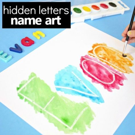 Hidden Name Art Preschool Name Activity - Fantastic Fun & Learning Name Art Preschool, Name Activities Preschool, Name Activity, Hidden Letters, Preschool Names, Art Preschool, Preschool Art Projects, All About Me Preschool, Name Crafts