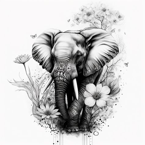 Elephant And Tiger Tattoo, Safari Animal Tattoos, Elephant Tattoos With Flowers, Elephant Art Tattoo, Elephant Mandala Tattoo, Safari Tattoo, Realistic Elephant Tattoo, Geometric Elephant Tattoo, Marathon Tattoo