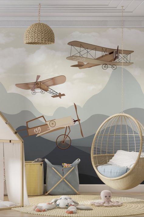 Airplane Toddler Room, Airplane Themed Bedroom, Peel And Stick Wallpaper Kids, Kids Accent Wall, Earth Color Palette, Airplane In The Sky, Airplane Bedroom, Airplane Boys Room, The Sky Wallpaper