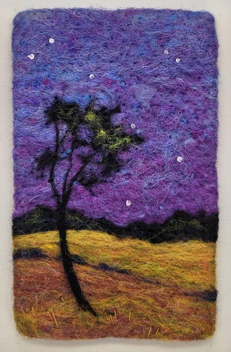 Felt Art, Wool Art, Stars, Felt Painting, Needle Felt Painting, Tree, Wool Painting, Felt Landscape, in 6x8 Frame Behind Glass - Etsy Needle Felting Landscape Ideas, Painting With Wool Needle Felting, Needle Felt Painting, Flat Felting, Fabric Landscapes, Felted Landscapes, Felted Pictures, Wet Felting Tutorial, Felt Painting