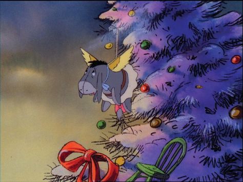 Eeyore dressed as a Christmas angel tied to the giant Christmas tree Christmas Tv Specials, Cartoon Christmas Tree, Christmas Tree Wallpaper, Winnie The Pooh Pictures, Winnie The Pooh Christmas, Images Disney, Xmas Wallpaper, Christmas Collage, Cute Christmas Wallpaper