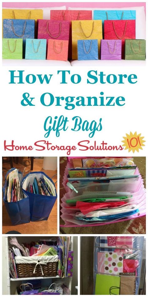 How to store and organize gift bags in your home, with lots of DIY methods and products you can use, as shown by real life pictures from readers {on Home Storage Solutions 101} #GiftBags #OrganizingTips #OrganizedHome Organize Tissue Paper And Gift Bags, How To Store Wrapping Paper And Bags, Storing Wrapping Paper And Gift Bags, Organizing Gift Bags Storage Solutions, How To Organize Wrapping Paper, Storage Ideas For Gift Bags, Storing Gift Bags Storage Ideas, How To Organize Tissue Paper, Organizing Wrapping Paper And Gift Bags