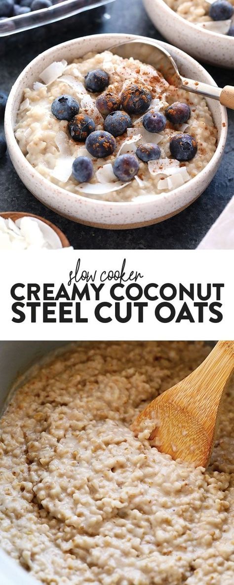 These Creamy Coconut Slow Cooker Steel Cut Oats are healthy, delicious and oh so easy to make. Place a few healthy ingredients in your crockpot before bed and have a gluten-free breakfast ready to go in the morning! Slow Cooker Steel Cut Oats, Crockpot Oatmeal, Slow Cooker Oatmeal, Crockpot Breakfast Casserole, Breakfast Crockpot Recipes, Slow Cooker Breakfast, Gluten Free Breakfast, Crockpot Breakfast, Smoothie Prep