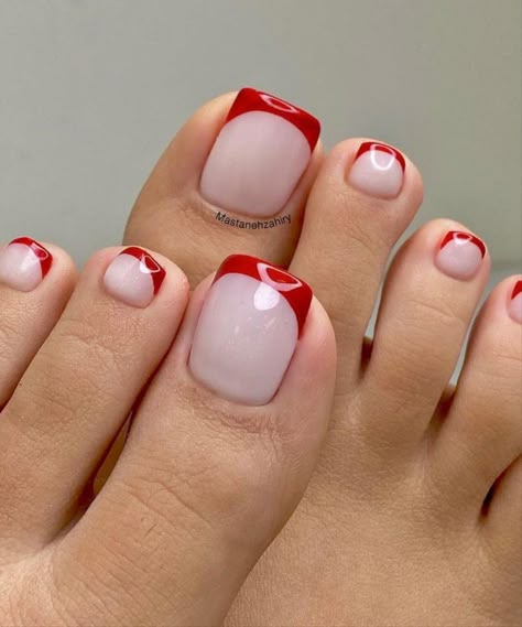 30 Cute Summer Toe Nail Designs To Make Your Feet Adorable Nails And Pedicure Ideas, Red And White Toe Nails, Red Toenail Designs, Cute Summer Toe Nails, Nail Classy, French Toe Nails, Ongles Beiges, Easy Toe Nail Designs, Toenail Designs Summer