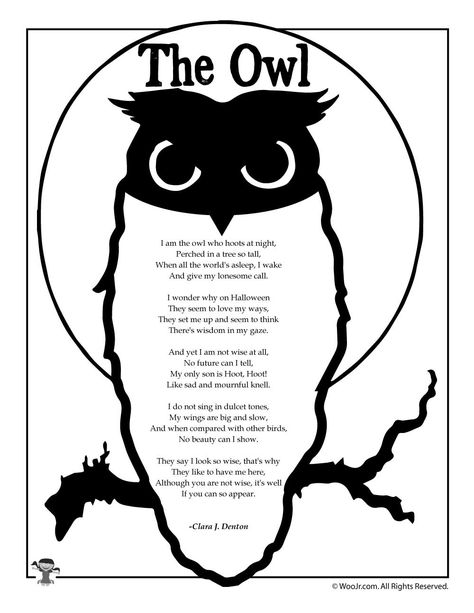 The Owl by Clara Denton | Woo! Jr. Kids Activities Owl Poem, Halloween Poems For Kids, Owl Writing, Preschool Poems, Alphabet Letter Activities, Halloween Poems, Halloween Names, Owl Kids, Poetry For Kids