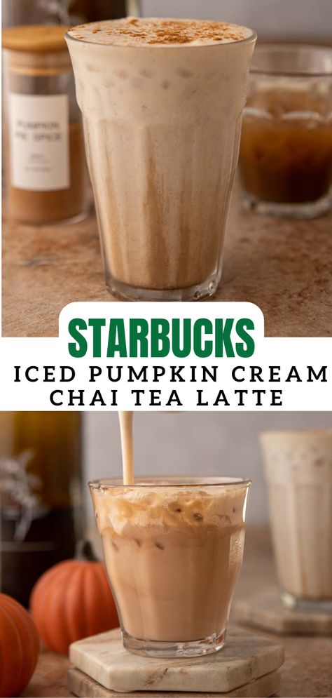 NEW STARBUCKS ICED PUMPKIN CREAM CHAI TEA LATTE Essen, Chia Latte Recipe, Pumpkin Chai Latte Recipe, Chia Tea Latte Recipe, Pumpkin Latte Recipe, Chai Latte Starbucks, Chai Tea Latte Starbucks, Pumpkin Chai Tea, Chai Tea Latte Recipe