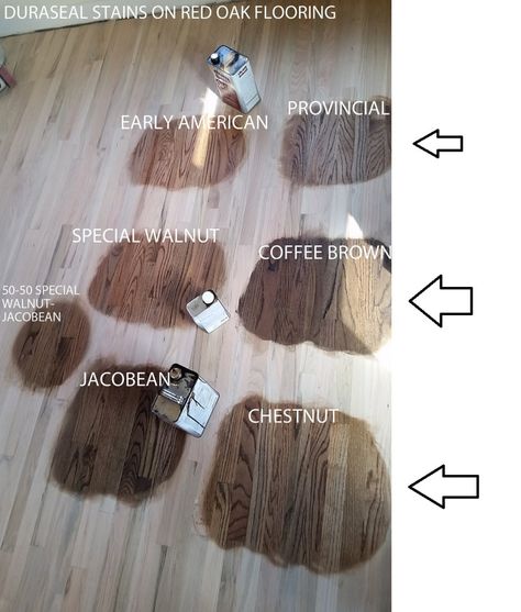 Stain recommendation to reduce red/pink tone in red oak flooring Stain On Red Oak, Duraseal Stain, Red Oak Wood Floors, Hardwood Floor Stain Colors, Oak Floor Stains, Floor Stain Colors, Wood Floor Stain Colors, Wood Floor Colors, Red Oak Floors