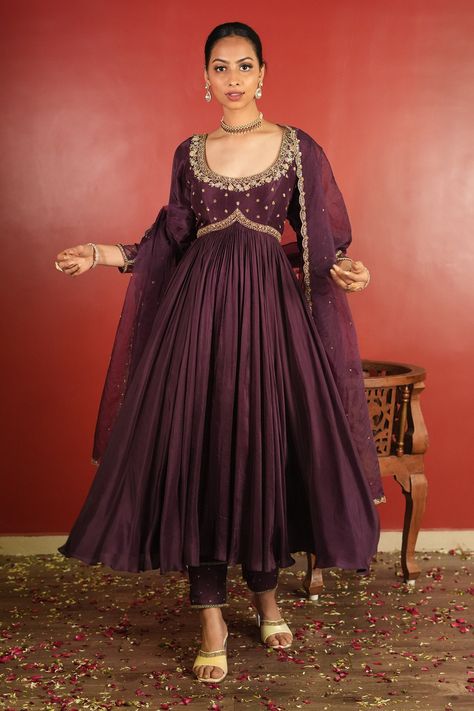 Shop for these amazing collections of Red Upada Silk Hand Embroidered Zardozi Deep Round Yoke Pleated Anarkali Set For Women by Enamour By Radha online at Aza Fashions. Flare Anarkali Dress, Anarkali Border Designs, Celebrity Anarkali Dresses, Flared Anarkali Dresses, Flare Kurti Designs, Pleated Anarkali Dress, Purple Anarkali Suits, Purple Anarkali Dress, Floral Anarkali Dresses