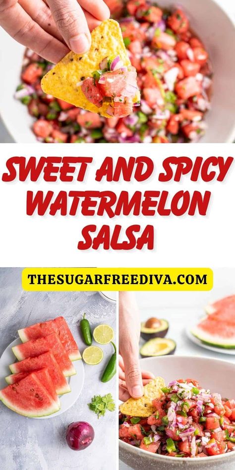 Sweet and Spicy Watermelon Salsa, a simple and delicious recipe made with fresh watermelon and with a hint of jalapeno. Watermelon Salsa Recipe Pioneer Woman, Watermelon Hot Sauce, Fruit Salsa Recipe Easy, Sweet Salsa Recipe, Corn Dips, Watermelon Appetizer, Watermelon Salsa Recipe, Table Snacks, Meal Sides