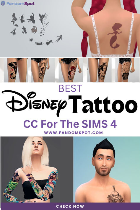 Disney x tattoos for TS4? Yes, please! This list has tons of unique Disney-style tattoos that you can fit onto your male or female sims. All totally maxis match too Sims Disney Cc, Sims4 Disney Cc, Sims 4 Disney Cc Clothing, Ts4 Disney Cc, Sims 4 Mods Disney, Disney Characters List, Sims 4 Modern Disney Cc, Sims 4 Maxis Match Tattoos, Sims Cc Tattoos