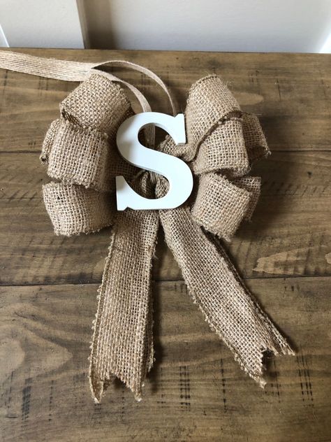 SALE/Burlap Bow/Monogramed Burlap bow/Family Initial bow/Bow for wreath/Wedding Decorative Bow by BohemianMarvels on Etsy Diy Letter Ideas, Vintage Truck Decor, Bow For Wreath, Wreath With Bow, Loopy Bow, Green Truck, Burlap Signs, Homemade Bows, Painting Burlap