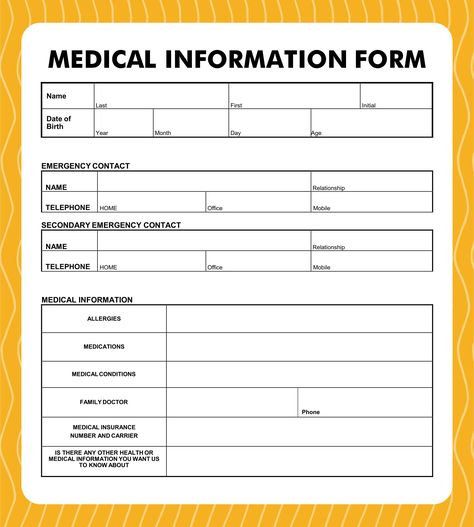 Family Information Sheet, Medical Forms Free Printable Templates, Medical Information Template, Emergency Contact Form Free Printable, Medical Information Printable Free, Family Binder Free Printables, Gyst Binder, Personal Binder, Medical Form