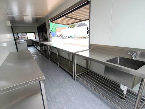 Used Modified Events Container - Special Projects Stainless Steel Kitchen, Kitchen Counter Design, Shipping Container Restaurant, Factory Layout, Container Restaurant, Container Cafe, Restaurant Flooring, Stainless Kitchen, Kiosk Design