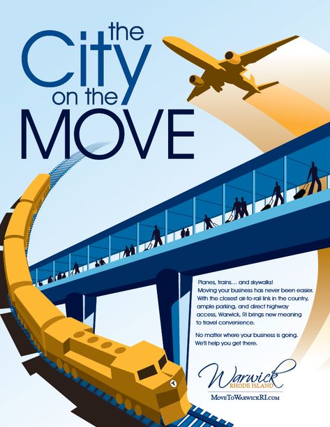 Repetition is successfully demonstrated in this design through use of color, font, and shape. The advertisement consistently uses the color palette of gold/orange and blue in the transportation illustrations. The selected colors and shape placement are successful in moving the eye around the advertisement because you are initially drawn to the large header text, then trace through the train tracks and onto the logo and description. Transport Graphic Design, Train Track Illustration, Economic Development Poster, Text Placement Design, Transportation Graphic Design, Train Graphic Design, Train Advertising, Transportation Illustration, City Advertising